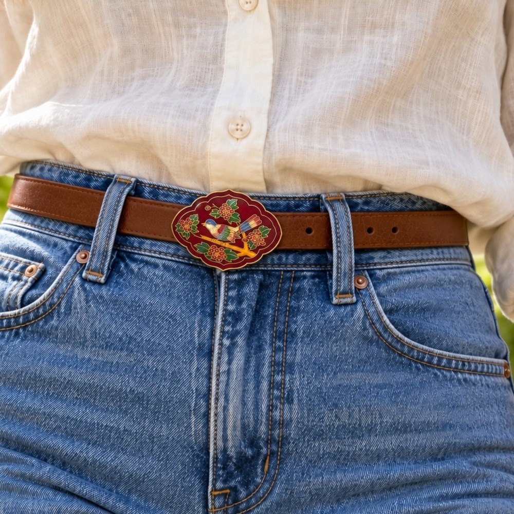 Vtg Cloisonne Belt Buckle Cobalt Red Bird Floral Enamel Gold Tone Scalloped 3"